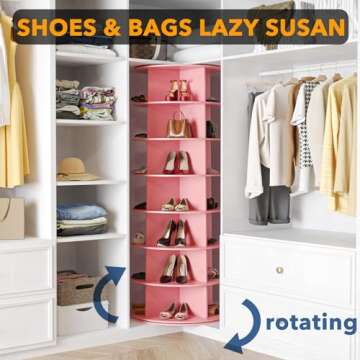 SpaceAid 7 Tier Rotating Shoe Rack Tower, Spinning Shoe Display Lazy Susan, Revolving 360 Shoe Rack Storage Round Carousel, Vertical Handbag Rotate Shoes Closet Organization (7-Tier Pink)
