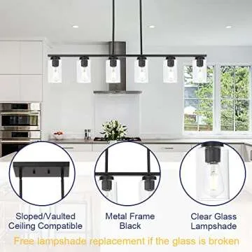 TODOLUZ Black 6-Lights Kitchen Island Light with Clear Glass Shades, Farmhouse Hanging Pendant Light Fixture for Farmhouse Dining Room Living Room