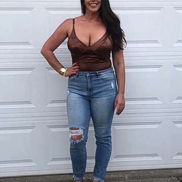 Velius Women's Sexy Deep V Neck Shiny Thong Bodysuit Tank Tops with Underwire (Brown, Large)