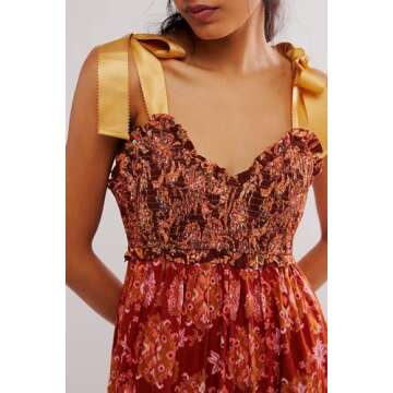 Women Boho Tie Shoulder Dress Y2k Floral Smocked Long Flowy Dresses Cute Summer Beach Spaghetti Stra...