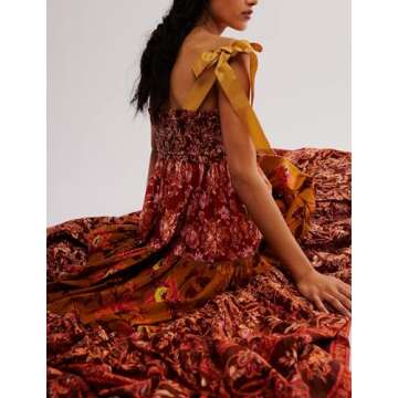 Women Boho Tie Shoulder Dress Y2k Floral Smocked Long Flowy Dresses Cute Summer Beach Spaghetti Strap Maxi Sundress