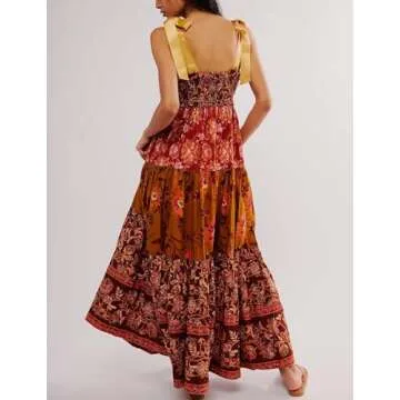 Women Boho Tie Shoulder Dress Y2k Floral Smocked Long Flowy Dresses Cute Summer Beach Spaghetti Strap Maxi Sundress