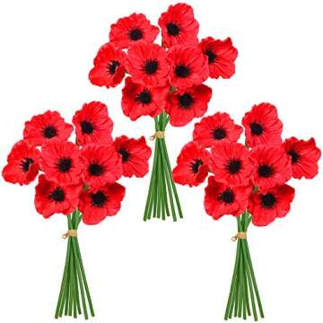 24 pcs Artificial Red Flower Stems PU Real Touch Flower Fake Flowers in Red with Black Center 11.6" ...