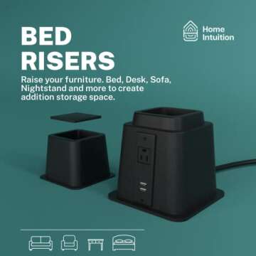 Home Intuition Heavy Duty Adjustable Bed Risers Furniture Riser 3, 5 or 8-Inch, 4 Pack (Black W/USB)