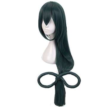 ANOGOL Hair Cap+Anime Cosplay Wig Dark Green Long Straight Synthetic Hair With Bow Wigs, Long Green Wig For Anime Cosplay Women, Colored Wigs Pelucas De Colores For Halloween Costume Party