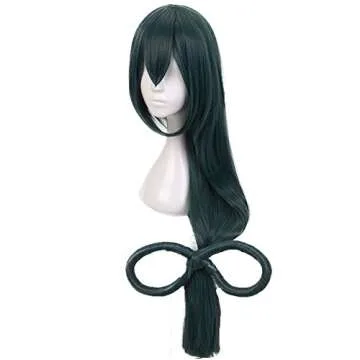ANOGOL Hair Cap+Anime Cosplay Wig Dark Green Long Straight Synthetic Hair With Bow Wigs, Long Green Wig For Anime Cosplay Women, Colored Wigs Pelucas De Colores For Halloween Costume Party