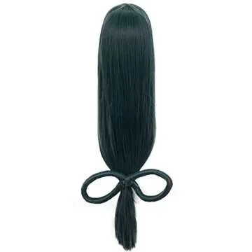ANOGOL Hair Cap+Anime Cosplay Wig Dark Green Long Straight Synthetic Hair With Bow Wigs, Long Green Wig For Anime Cosplay Women, Colored Wigs Pelucas De Colores For Halloween Costume Party