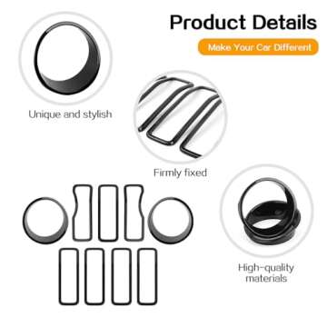 Hoolcar Front Grille Insert Cover & Headlight Bezel Cover Trim Fit for Jeep Wrangler JL JLU & Gladiator JT 2024-2025, Exterior Accessories, Black