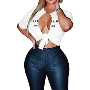 vblane Womens Sexy Tie Front Crop Top Short Sleeve Graphic Tee Shirt Clubwear Cest White X-Large