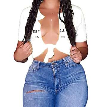 vblane Womens Sexy Tie Front Crop Top Short Sleeve Graphic Tee Shirt Clubwear Cest White X-Large