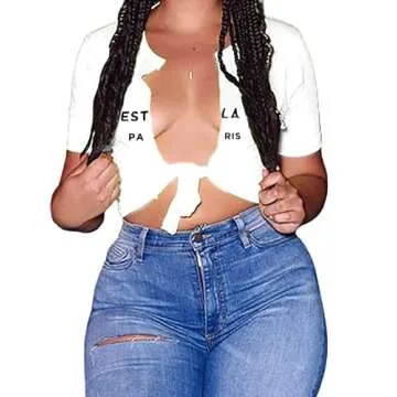 vblane Womens Sexy Tie Front Crop Top Short Sleeve Graphic Tee Shirt Clubwear Cest White X-Large