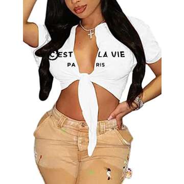 vblane Womens Sexy Tie Front Crop Top Short Sleeve Graphic Tee Shirt Clubwear Cest White X-Large