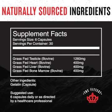 The Fittest King - Testosterone Booster Supplement - Supports Hormone Health, Stamina, & Strength - Includes Grass fed Bovine Liver, Bone Marrow, Heart & Testicle - 180 Capsules