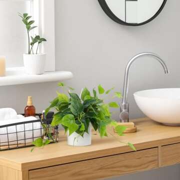 JPSOR Artificial Plants Indoor with Ceramic Pots, Artificial Small Fake Plants with Pothos for Home Decor Fake Potted Plant for Living Room Shelf Home Office Decor (White Ceramic Pot)