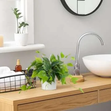 JPSOR Artificial Plants Indoor with Ceramic Pots, Artificial Small Fake Plants with Pothos for Home Decor Fake Potted Plant for Living Room Shelf Home Office Decor (White Ceramic Pot)