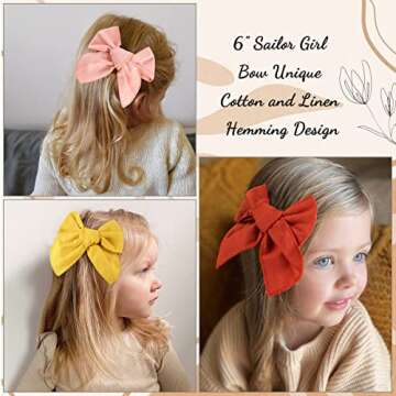 7 Pcs Large Linen Hair Bows for Girls Accessories Alligator Clips, TOKUFAGU Fable Neutral Handtied 6 Inch Big Bows for Little Girls Toddler Kids