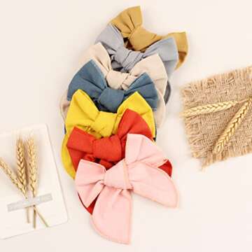 7 Pcs Large Linen Hair Bows for Girls Accessories Alligator Clips, TOKUFAGU Fable Neutral Handtied 6 Inch Big Bows for Little Girls Toddler Kids