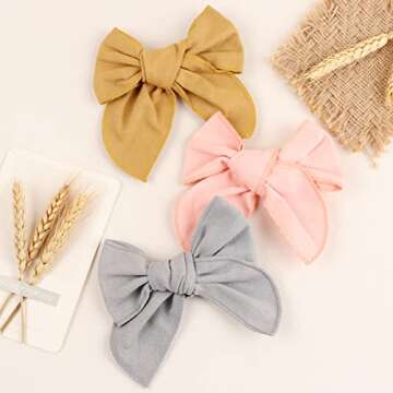 7 Pcs Large Linen Hair Bows for Girls Accessories Alligator Clips, TOKUFAGU Fable Neutral Handtied 6 Inch Big Bows for Little Girls Toddler Kids