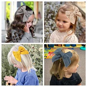 7 Pcs Large Linen Hair Bows for Girls Accessories Alligator Clips, TOKUFAGU Fable Neutral Handtied 6 Inch Big Bows for Little Girls Toddler Kids