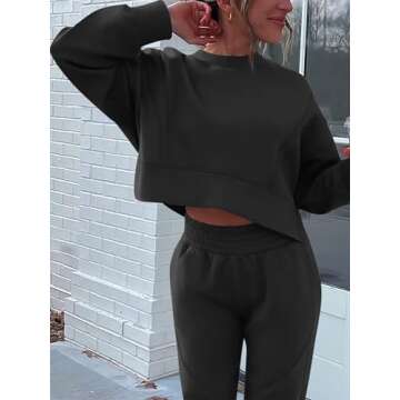 ANRABESS Womens 2 Piece Outfits Lounge Sets Cropped Sweatshirt & Joggers Fashion Sweatsuit Sweat Set 2024 Fall Travel Black Medium
