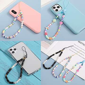 TOOVREN Cell Phone Charm 3PCS, Universal Mobile Phone Lanyard Cute Kawaii Rainbow Color Style Soft Ceramic Pearl Seashells Beads Phone Chain Wrist Strap String Bracelet Keychain for Women