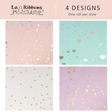 LaRibbons 4 Rolls Gift Wrapping Paper, Heart/Polka Dots/ 2 Kinds Stars Design for Birthday, Baby Shower, Wedding, Bridal Shower, 30 Inch X 10 Feet Per Roll