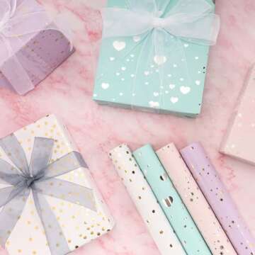 LaRibbons 4 Rolls Gift Wrapping Paper, Heart/Polka Dots/ 2 Kinds Stars Design for Birthday, Baby Shower, Wedding, Bridal Shower, 30 Inch X 10 Feet Per Roll