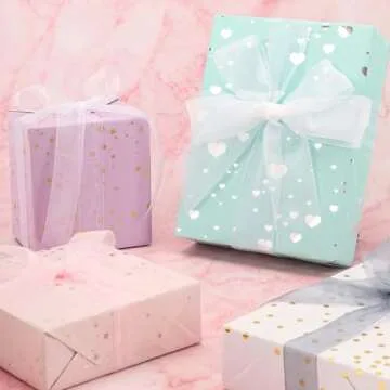 LaRibbons 4 Rolls Gift Wrapping Paper, Heart/Polka Dots/ 2 Kinds Stars Design for Birthday, Baby Shower, Wedding, Bridal Shower, 30 Inch X 10 Feet Per Roll