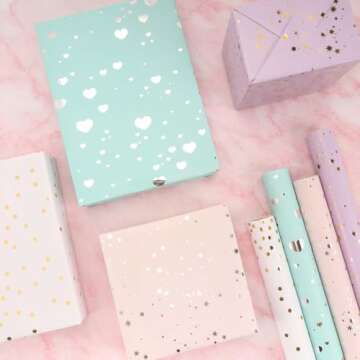 LaRibbons 4 Rolls Gift Wrapping Paper, Heart/Polka Dots/ 2 Kinds Stars Design for Birthday, Baby Shower, Wedding, Bridal Shower, 30 Inch X 10 Feet Per Roll