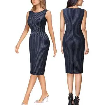 VFSHOW Womens Elegant Blue and White Striped Slim Zipper up Work Business Office Party Sheath Dress 2619 BLU XXL