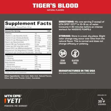 MTN OPS Yeti Monster Pre-Workout Powder Energy Drink, 30-Serving Tub, Tiger's Blood