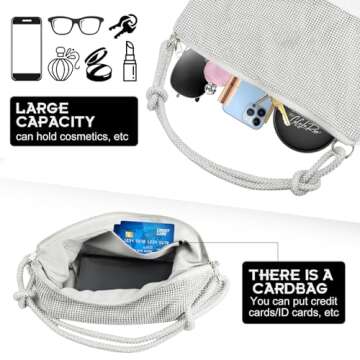 Silver Purse Diamond Purses, Premium Evening Bag Bling Sparkly Bag Rhinestone Purse, Glitter Purse For Women Lady Girl, Silver Bag Crystal Prom Clutch For Formal/Wedding/Cocktail/Prom/Party/Club