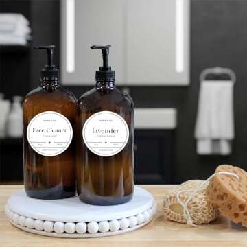 32-Ounce Amber Glass Lotion Pump Bottles (2-Pack); Quart Size Brown Bottles w/Black Plastic Locking Pump Dispensers; Includes Chalk Labels