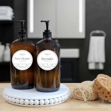 32-Ounce Amber Glass Lotion Pump Bottles (2-Pack); Quart Size Brown Bottles w/Black Plastic Locking Pump Dispensers; Includes Chalk Labels