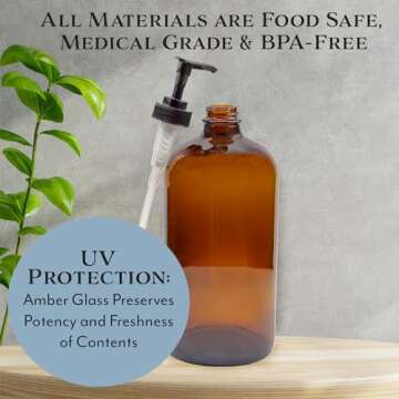 32-Ounce Amber Glass Lotion Pump Bottles (2-Pack); Quart Size Brown Bottles w/Black Plastic Locking Pump Dispensers; Includes Chalk Labels