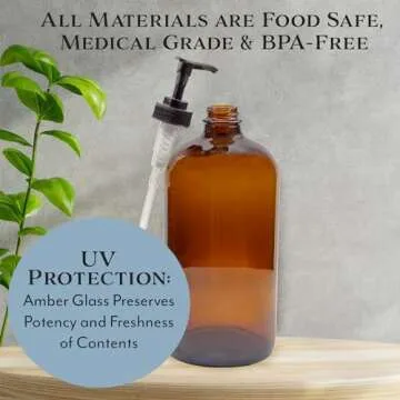 32-Ounce Amber Glass Lotion Pump Bottles (2-Pack); Quart Size Brown Bottles w/Black Plastic Locking Pump Dispensers; Includes Chalk Labels