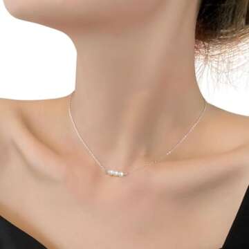 Sterling Silver Pearl Choker Necklace, Handmade with 3 Dainty Real Freshwater Pearl for Women (Silver)