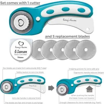 Rotary Cutter Set turquoise - Quilting Kit incl. 45mm Rotary Cutter, 5 Replacement Blades, A2 Cutting Mat, Acrylic Ruler and Craft Clips - Ideal for Crafting, Sewing, Patchworking, Crochet & Knitting