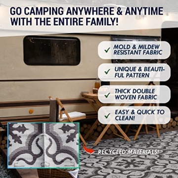 LATCH.IT RV Outdoor Rugs 9x12 | Reversible Mat Camper Camping The Perfect Patio for Any Situation & Includes Portable Small Trash-Can!