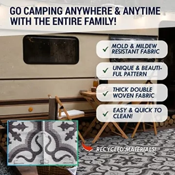 LATCH.IT RV Outdoor Rugs 9x12 | Reversible Mat Camper Camping The Perfect Patio for Any Situation & Includes Portable Small Trash-Can!