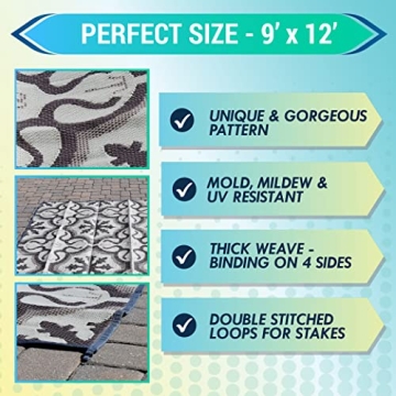 LATCH.IT RV Outdoor Rugs 9x12 | Reversible Mat Camper Camping The Perfect Patio for Any Situation & Includes Portable Small Trash-Can!