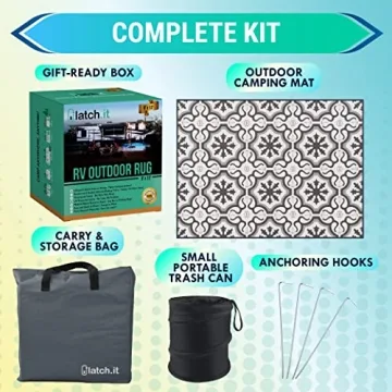 LATCH.IT RV Outdoor Rugs 9x12 | Reversible Mat Camper Camping The Perfect Patio for Any Situation & Includes Portable Small Trash-Can!