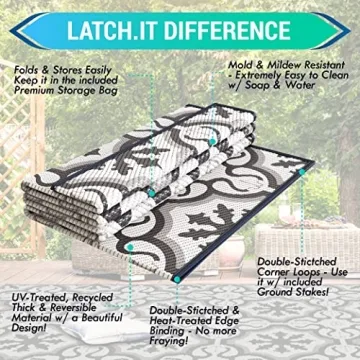 LATCH.IT RV Outdoor Rugs 9x12 | Reversible Mat Camper Camping The Perfect Patio for Any Situation & Includes Portable Small Trash-Can!