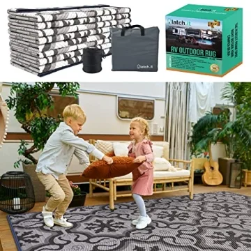 LATCH.IT RV Outdoor Rugs 9x12 | Reversible Mat Camper Camping The Perfect Patio for Any Situation & Includes Portable Small Trash-Can!