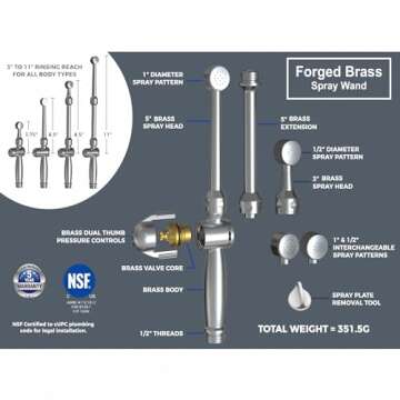 RinseWorks- All Brass Aquaus 360 Handheld Bidet Sprayer for Toilet - NSF Plumbing Code Certified Legal Installation Ergonomic Dual Thumb Pressure Controls- 3”-11” Spray Reach 5 Year Warranty
