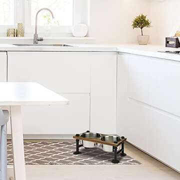 MyGift Rustic Solid Brown Wood Elevated Dog Feeder with Industrial Metal Legs, Dog Food and Water Bowls for Medium Dogs, Raised Pet Feeder with 2 Stainless Steel Bowls