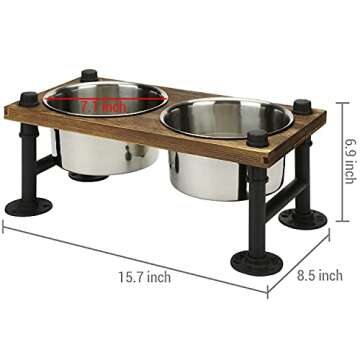 MyGift Rustic Solid Brown Wood Elevated Dog Feeder with Industrial Metal Legs, Dog Food and Water Bowls for Medium Dogs, Raised Pet Feeder with 2 Stainless Steel Bowls