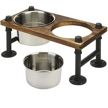 MyGift Rustic Solid Brown Wood Elevated Dog Feeder with Industrial Metal Legs, Dog Food and Water Bowls for Medium Dogs, Raised Pet Feeder with 2 Stainless Steel Bowls