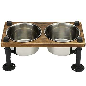 MyGift Rustic Solid Brown Wood Elevated Dog Feeder with Industrial Metal Legs, Dog Food and Water Bowls for Medium Dogs, Raised Pet Feeder with 2 Stainless Steel Bowls