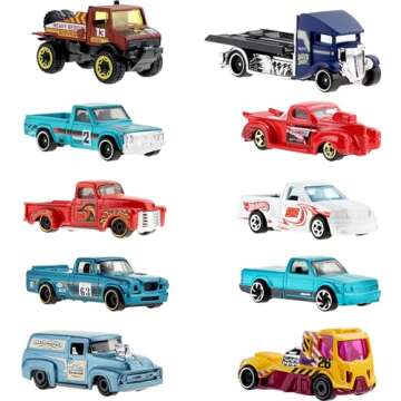 Hot Wheels 10-Pack, Set of 10 Toy Trucks in 1:64 Scale, Mix of Officially Licensed & Unlicensed Pick-Ups, Rescue or Semis (Styles May Vary)